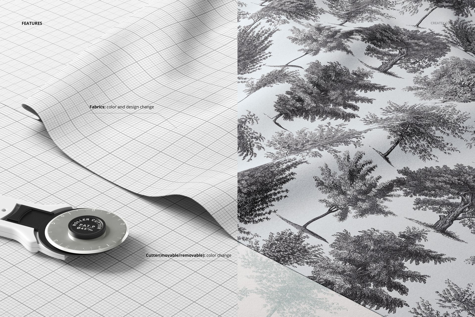Fabric layers mockup featuring a close-up of textiles, one with a grid background and one with a monochrome tree pattern.