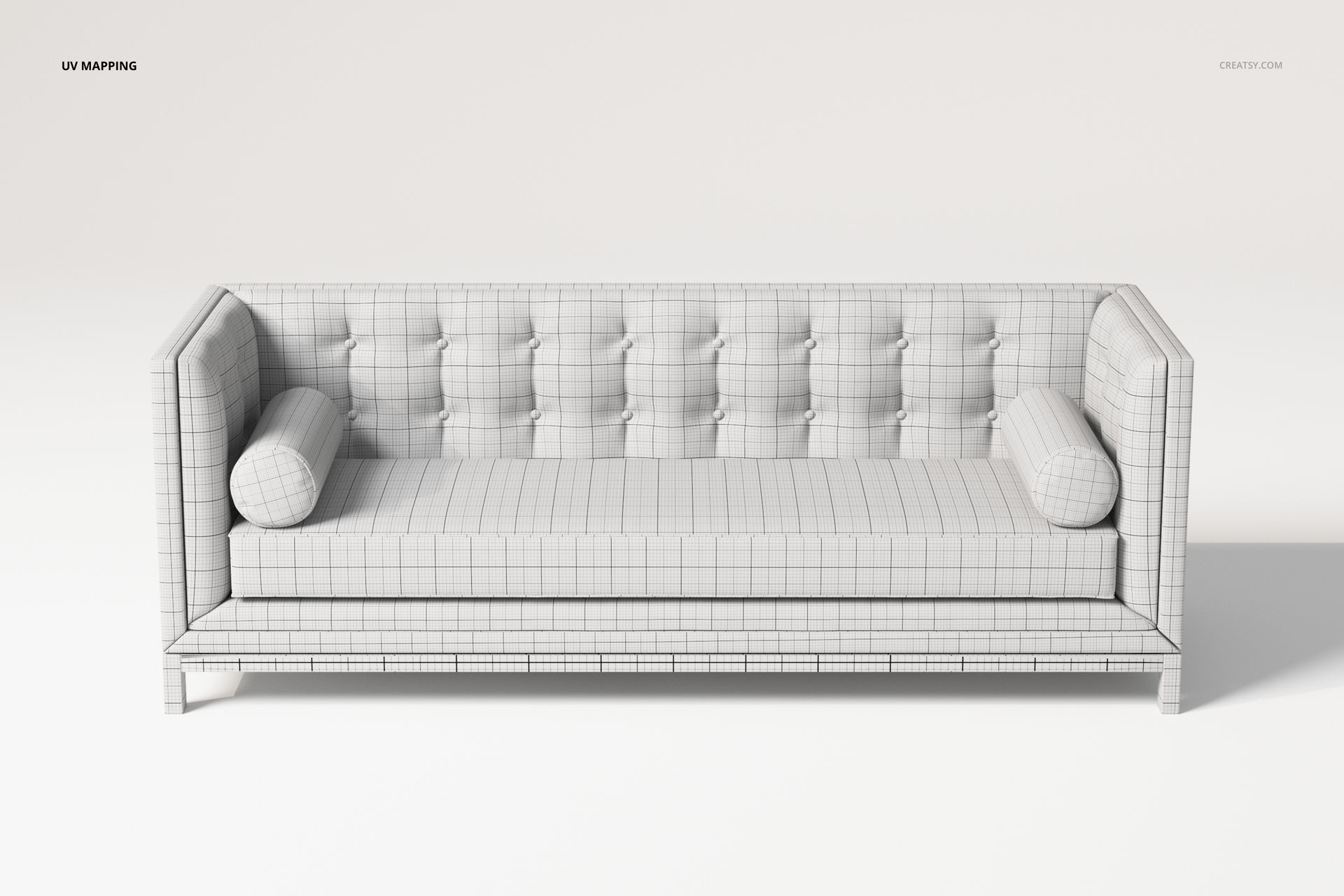 Front view of a 3D model sofa with early 19th century style, grid texture, and two cylindrical cushions on each side.