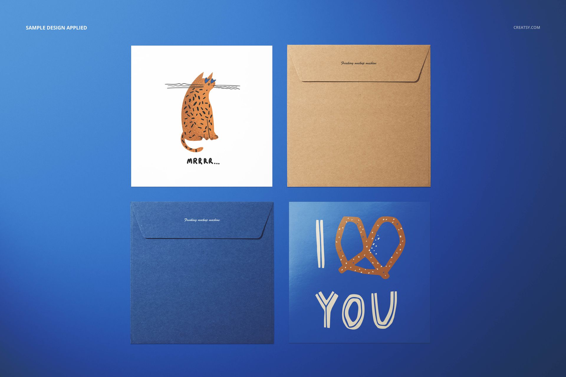 PSD mockup showing assorted Valentines cards and envelopes, including illustrated and text designs, on a blue backdrop.
