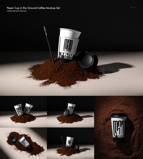 Paper cup with black lid and straw displayed on a mound of ground coffee, shown from various angles in a mockup set.
