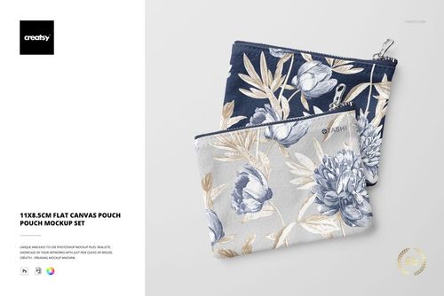 Two flat canvas pouches with floral patterns, one in navy blue and one in light gray, displayed from a top view.