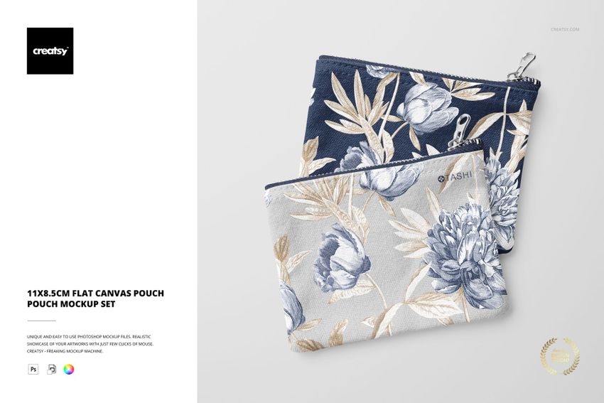 Two flat canvas pouches with floral patterns, one in navy blue and one in light gray, displayed from a top view.