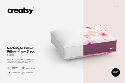 Front view of a rectangular pillow with white and floral patterned sides, displayed in a PSD mockup scene.