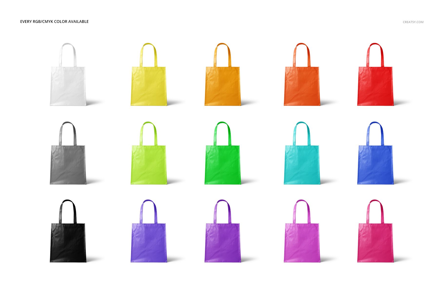 PSD mockup set featuring multiple non-woven tote bags in different bright and neutral colors on a plain backdrop.