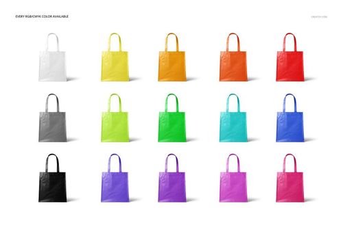 PSD mockup set featuring multiple non-woven tote bags in different bright and neutral colors on a plain backdrop.