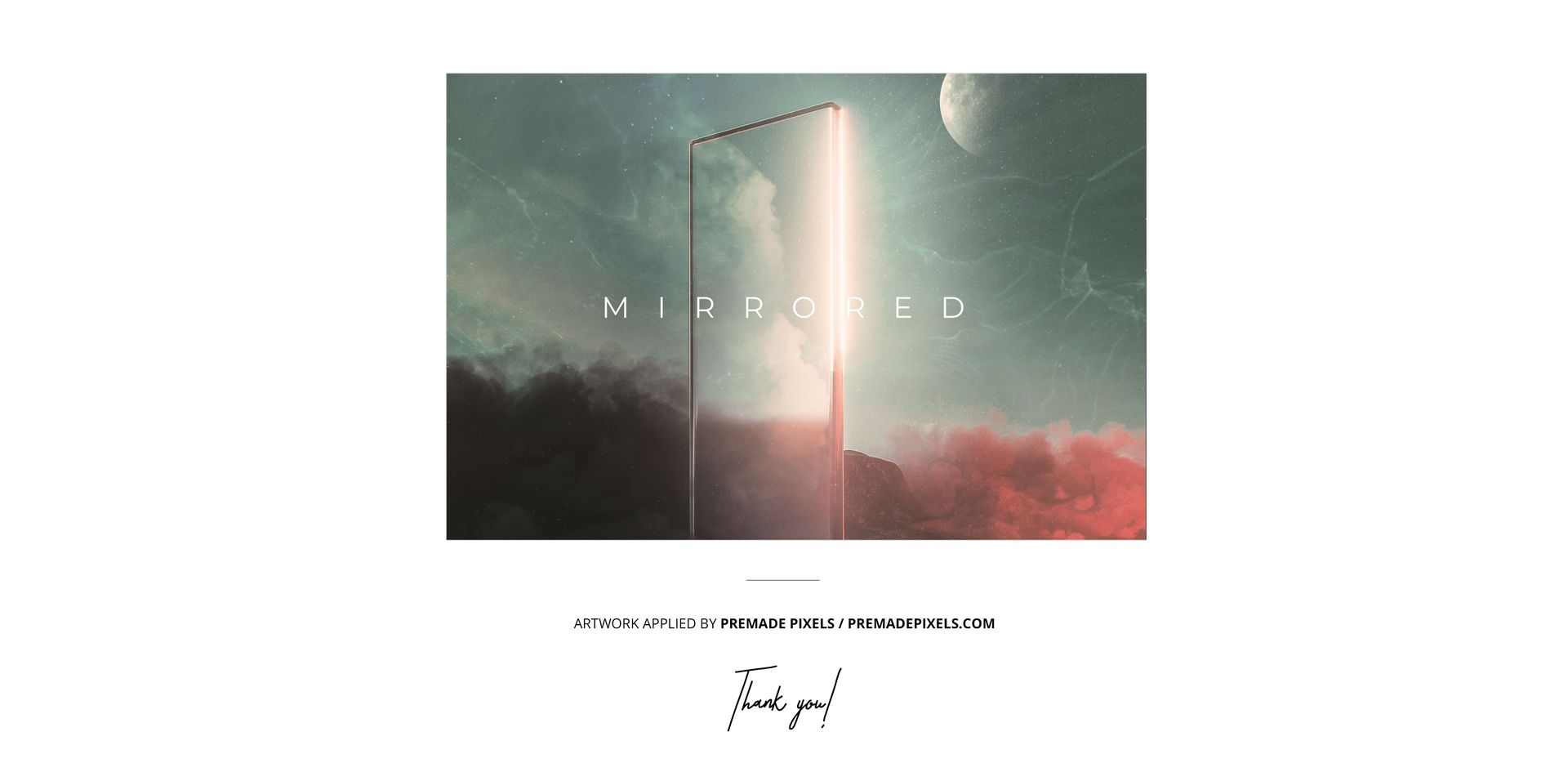 Translucent colored vinyl record mockup with a mirrored effect, set against a surreal sky and planet background.