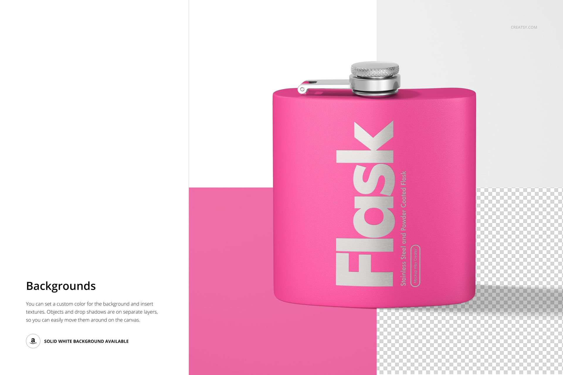 Powder-coated flask mockup in bright pink with silver text, shown upright with a metal cap against a white and pink backdrop.