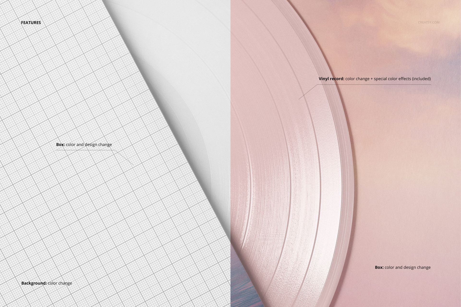 Close-up view of an LP vinyl record mockup, showing half with a grid pattern and half with a soft pink gradient effect.