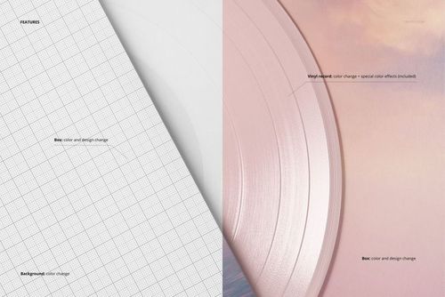 Close-up view of an LP vinyl record mockup, showing half with a grid pattern and half with a soft pink gradient effect.