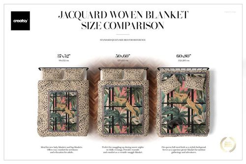 Size comparison mockup of jacquard woven blankets on beds, each blanket showing a retro jungle scene with animal and leaf motifs.