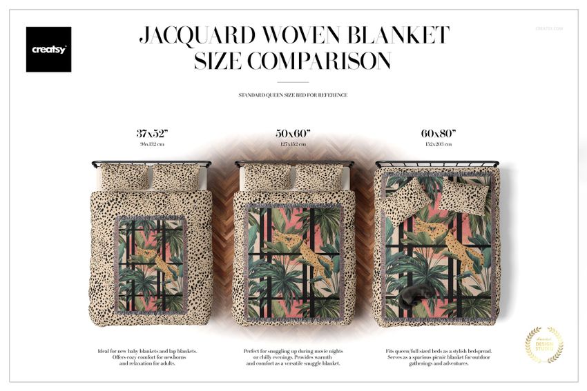 Size comparison mockup of jacquard woven blankets on beds, each blanket showing a retro jungle scene with animal and leaf motifs.