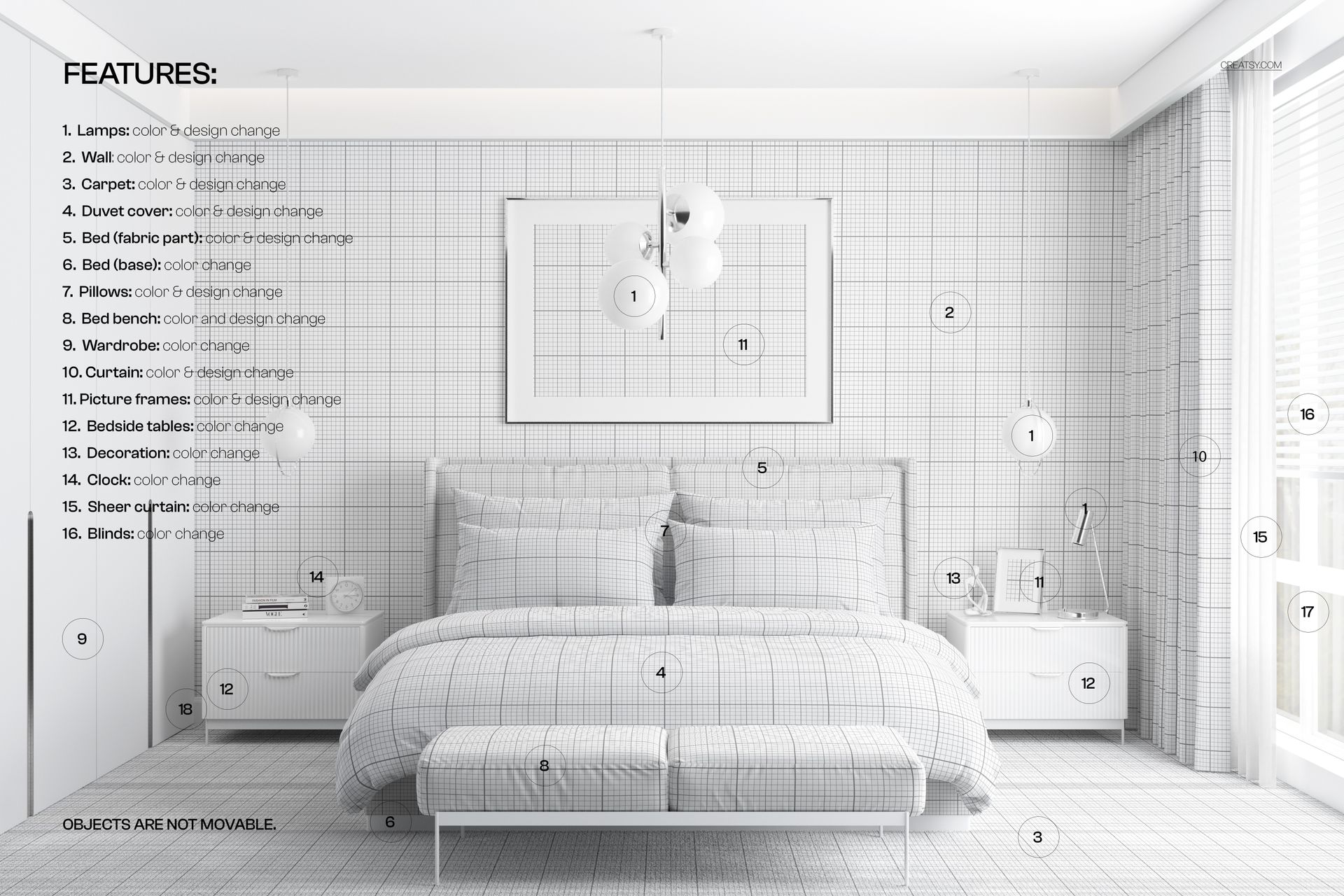 Contemporary bedroom mockup with king-size bedding, matching pillows, bench, and minimalist furniture in light tones.
