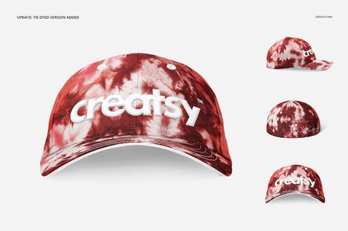 Front view of a tie dyed fullcap mockup in red and white with bold white lettering, displayed on a plain background.