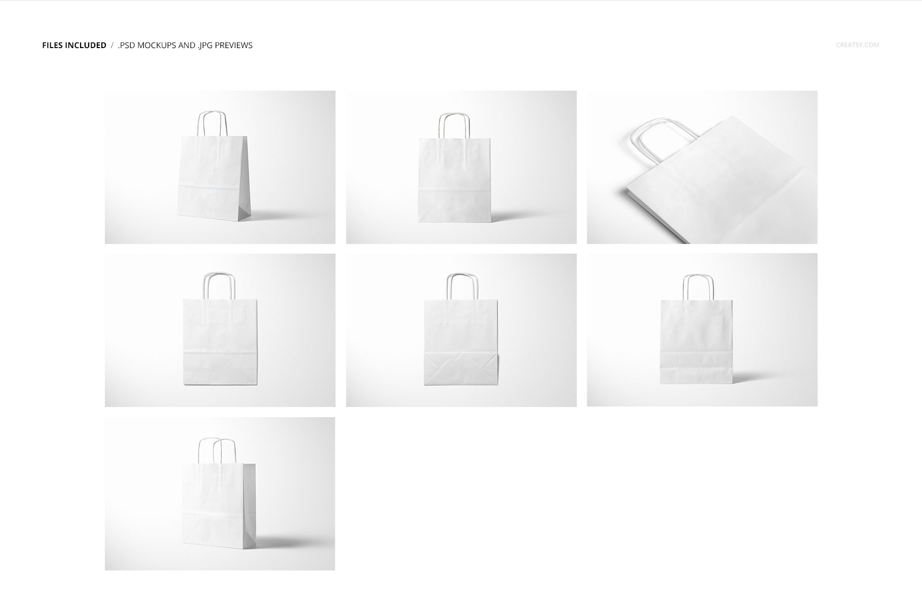 Twisted handle paper bag mockup set featuring plain white bags shown from multiple perspectives on a light background.