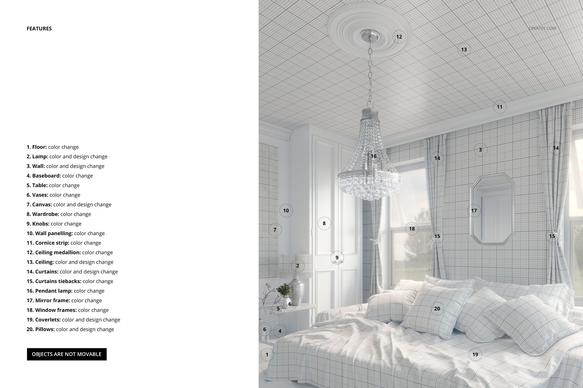 PSD mockup of a modern bedroom with grid design bedding, wall covering, and decorative chandelier, front perspective.