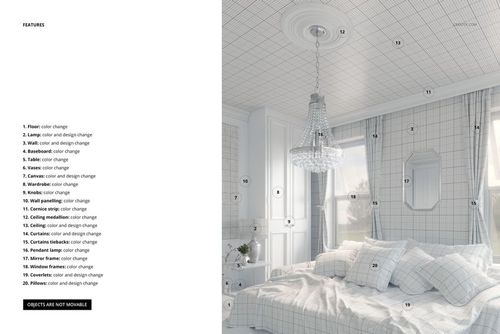 PSD mockup of a modern bedroom with grid design bedding, wall covering, and decorative chandelier, front perspective.