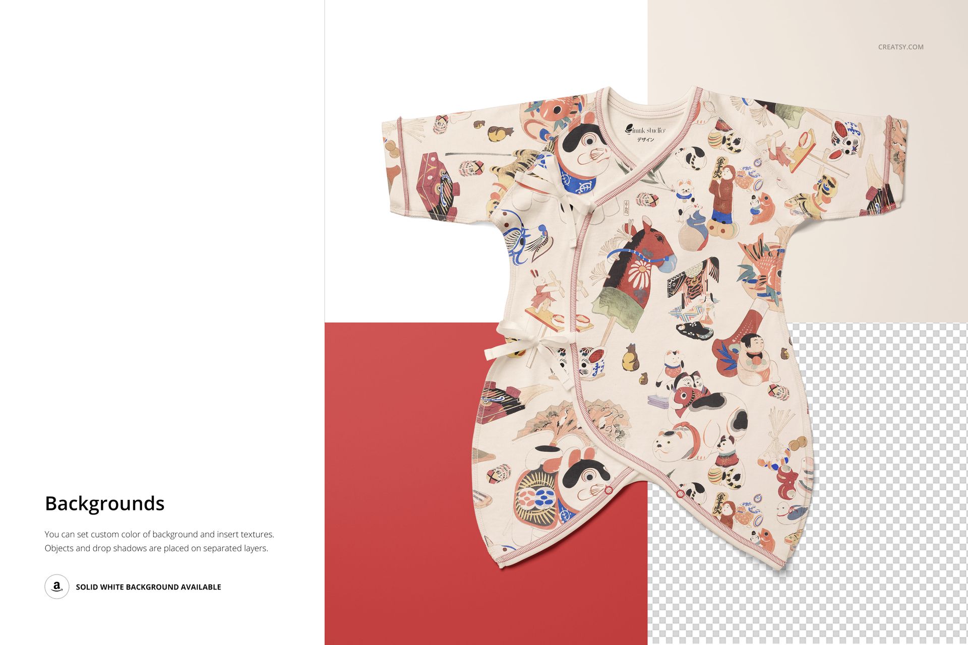 Organic cotton baby kimono bodysuit mockup with illustrated motifs, shown from above on a multi-tone background.