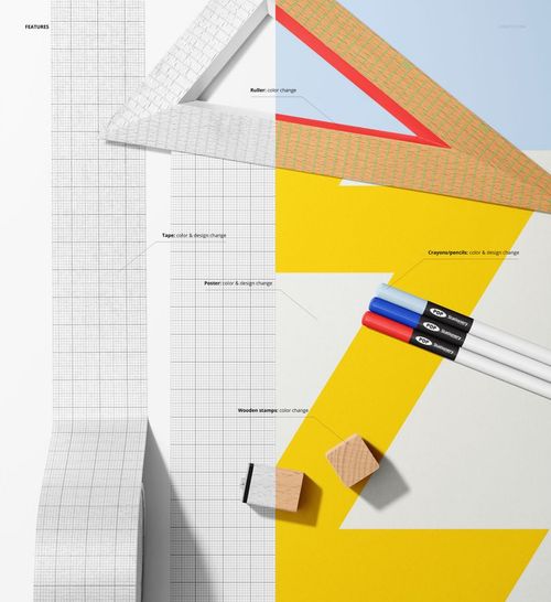 Stationery mockup featuring a poster, masking tape, ruler, colored pens, and wooden stamps on a split background.
