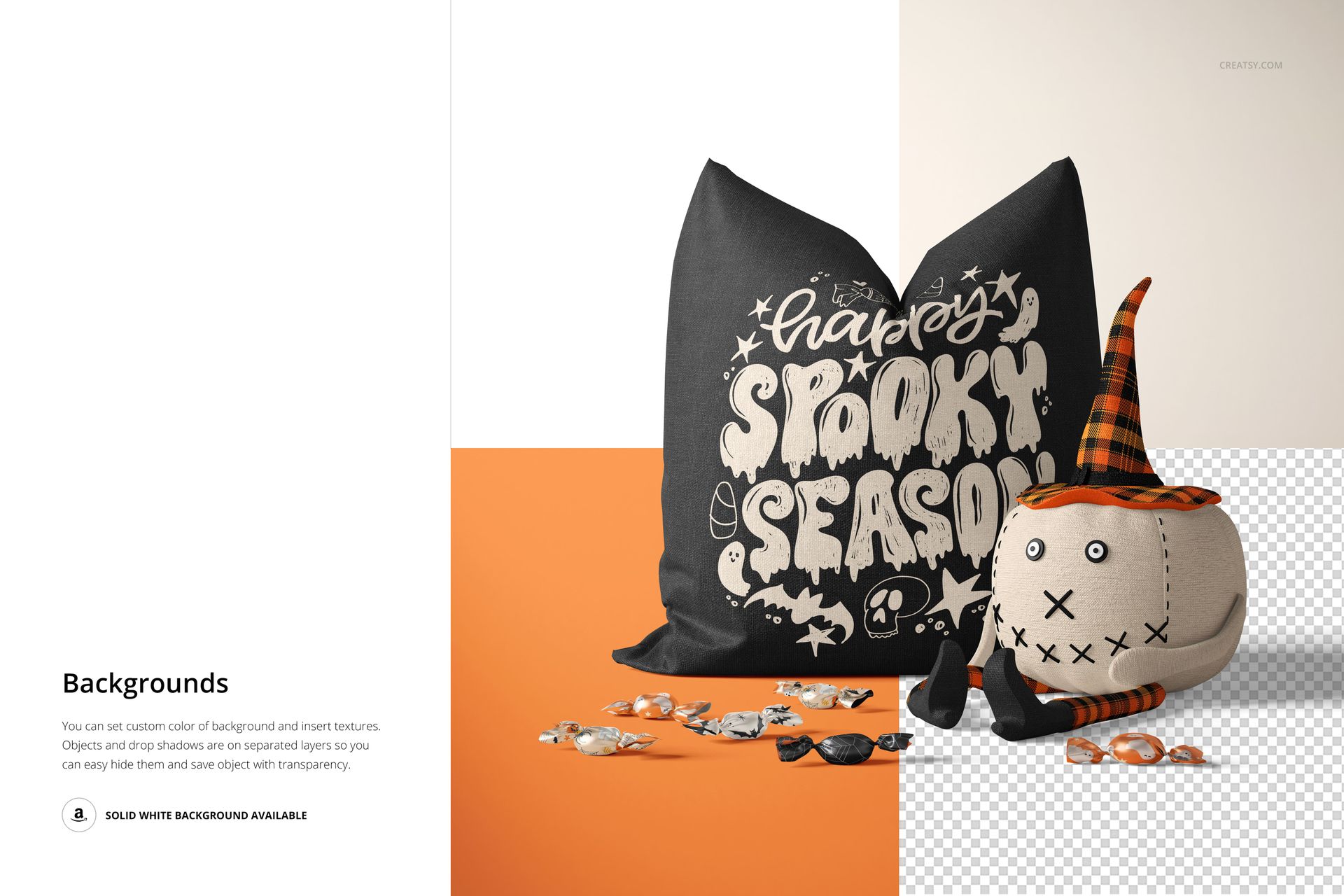 Halloween-themed PSD mockup featuring a decorative pillow with chalk-style lettering and a plush pumpkin toy in witch attire.
