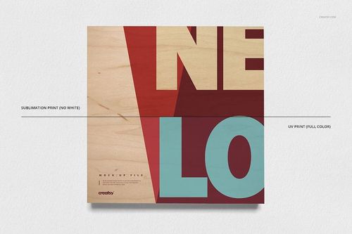 Front view of a wood plaque featuring large overlapping letters in red and teal, displayed as a PSD mockup.