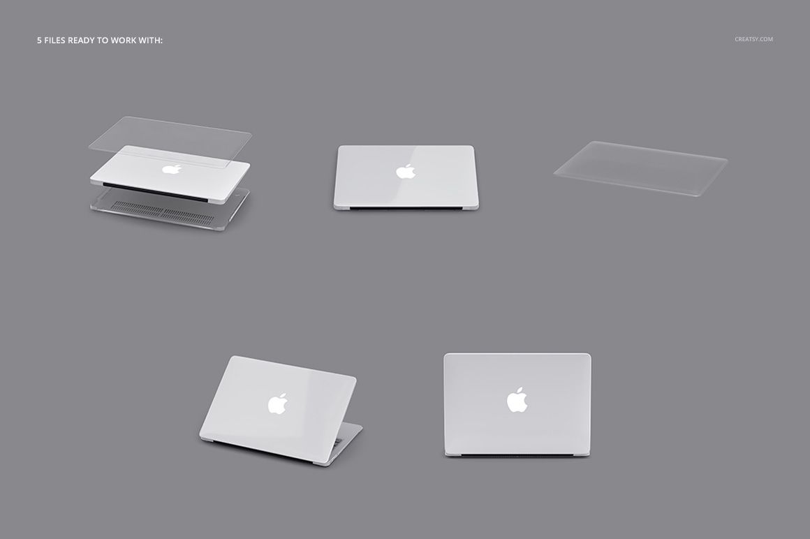 MacBook clear case mockup set showing five different views on a neutral gray background, including closed and open positions.