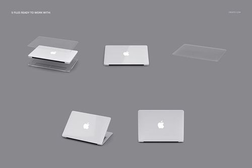 MacBook clear case mockup set showing five different views on a neutral gray background, including closed and open positions.