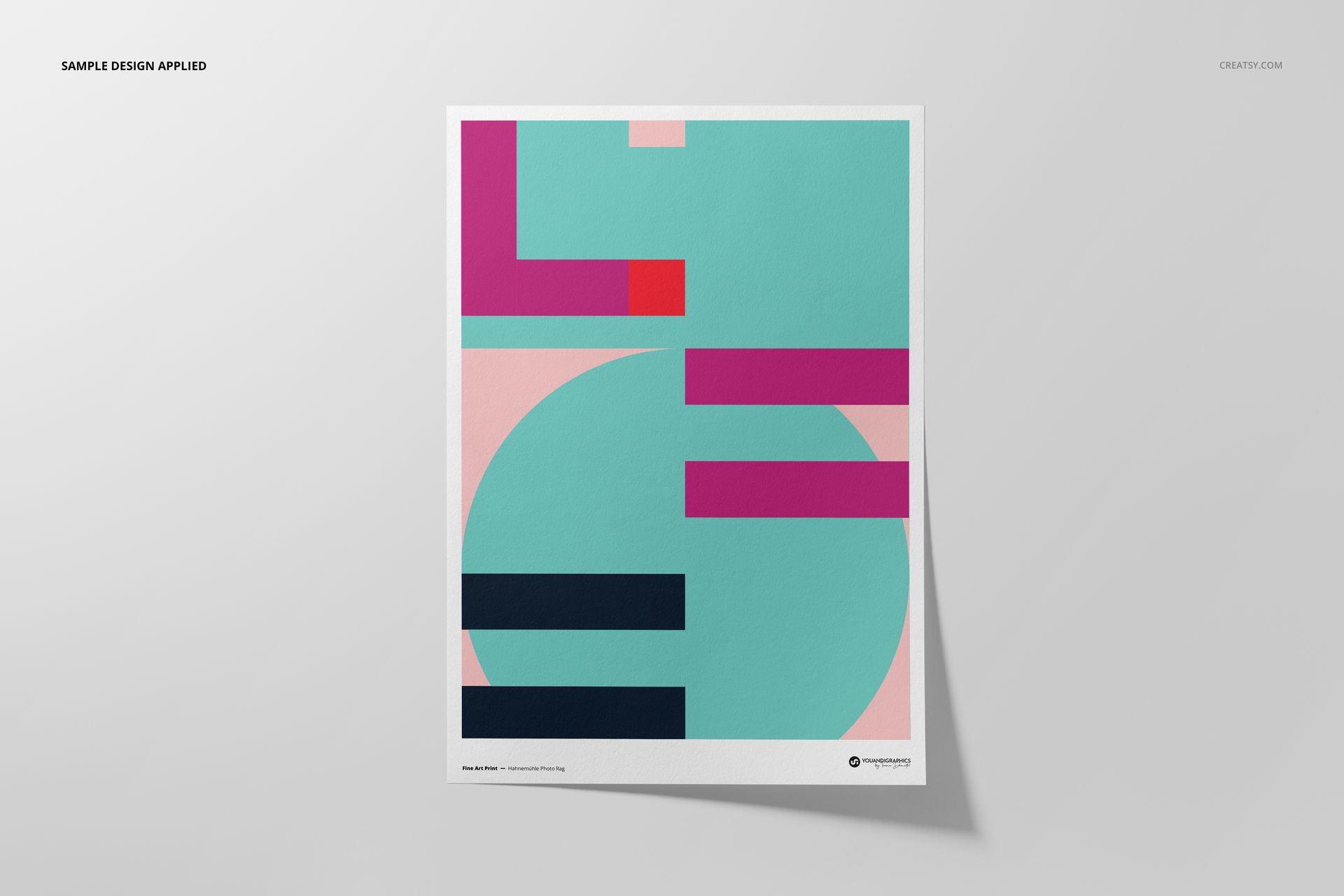 A3 fine art print mockup with abstract geometric design in teal, pink, and navy on a light background, front view.