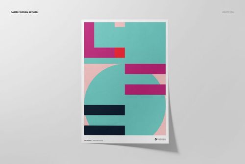 A3 fine art print mockup with abstract geometric design in teal, pink, and navy on a light background, front view.