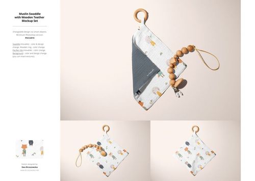 Mockup of children’s muslin swaddle and wooden teether set, displayed flat with animal prints and natural wood tones.