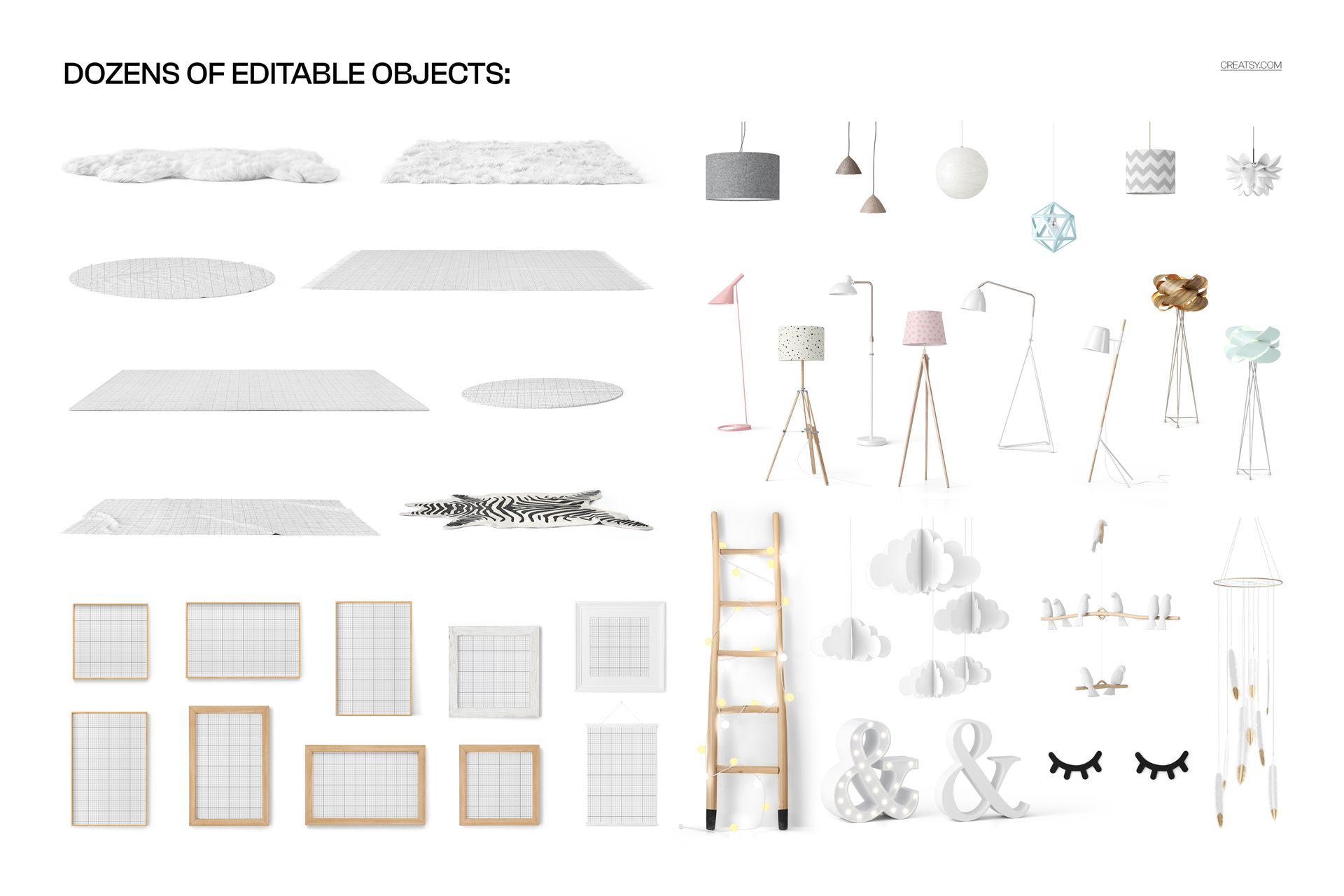 PSD mockup featuring nursery decor items such as rugs, lamps, picture frames, clouds, and geometric ornaments.