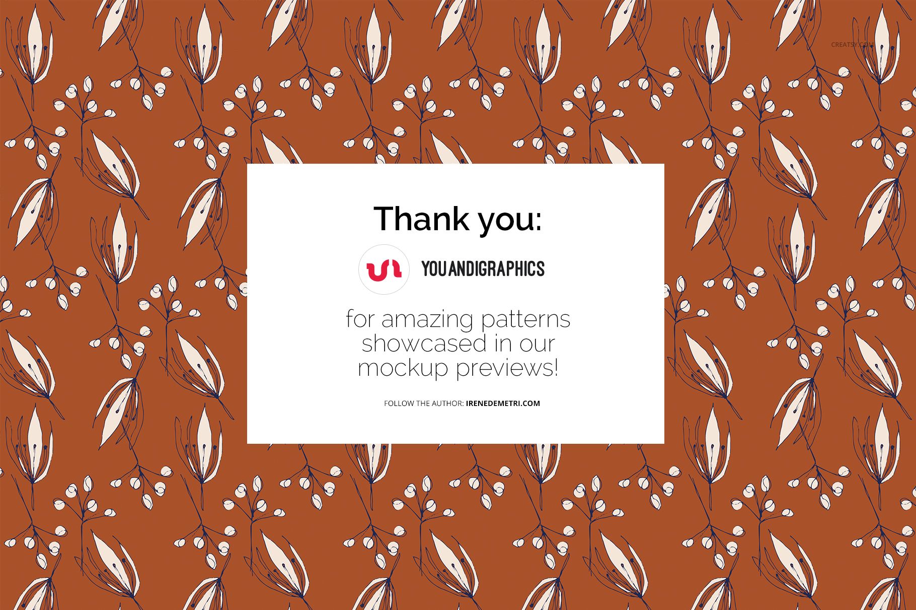 Rectangular card with thank you message centered on a brown background featuring a white floral pattern, front view.