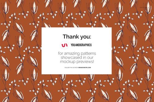 Rectangular card with thank you message centered on a brown background featuring a white floral pattern, front view.