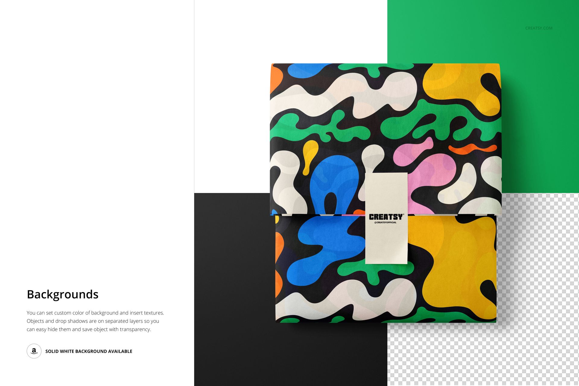 PSD mockup showing abstract patterned tissue paper wrap and a vertical sticker, arranged on divided color blocks.