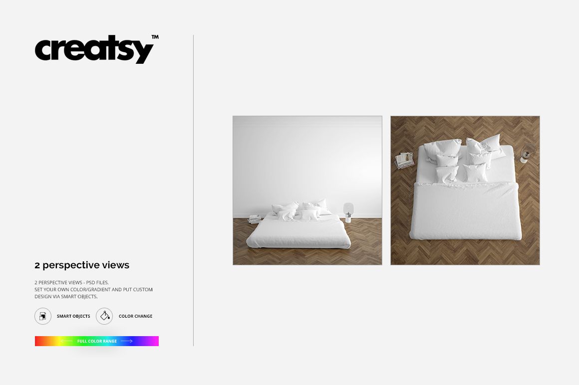 Bedroom bedding set mockup showing white quilt, pillows, and sheet in a minimalist room with wood flooring.