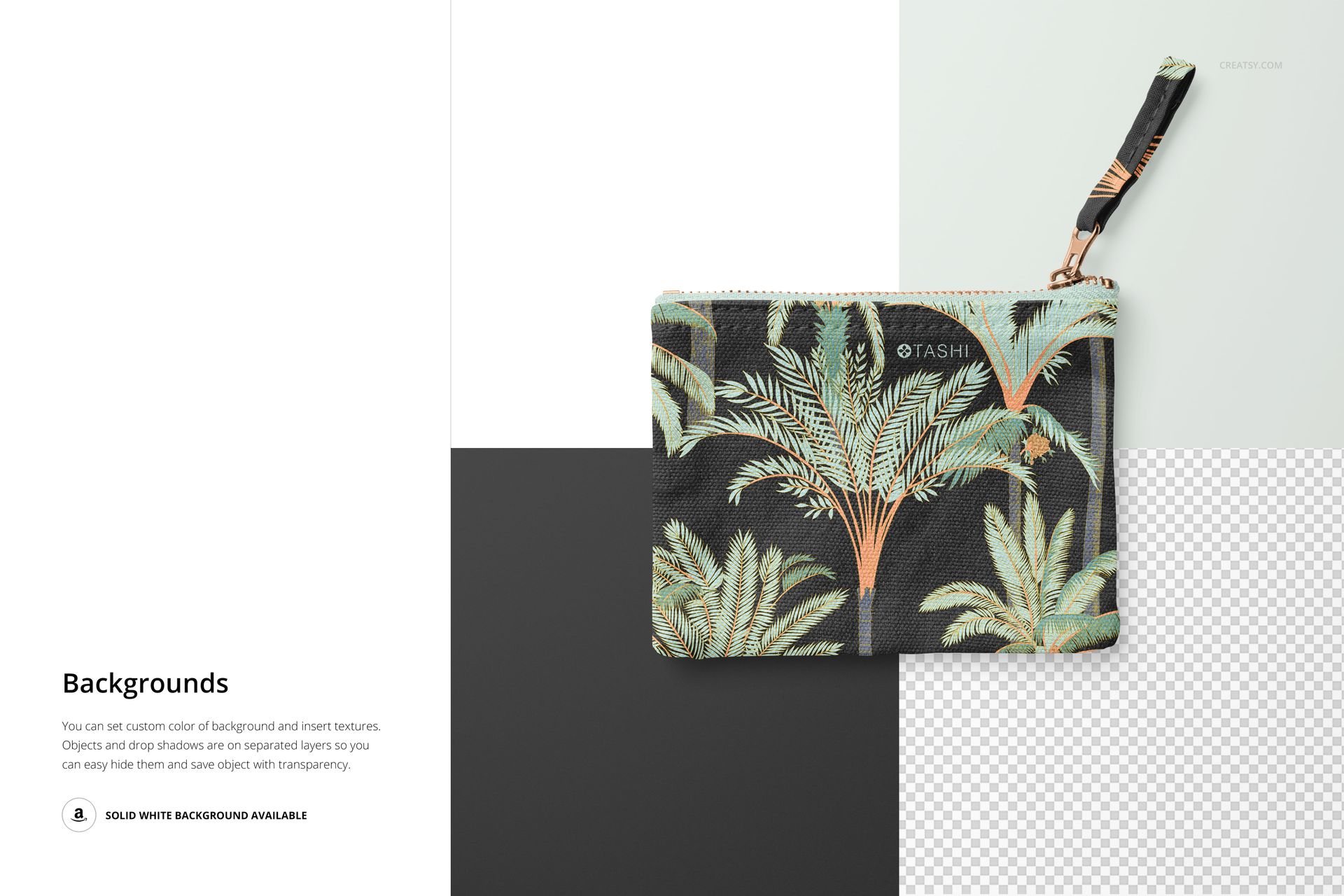 Flat canvas pouch with fabric zipper pull featuring a tropical palm tree pattern, shown from the front on a split background.