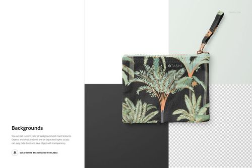 Flat canvas pouch with fabric zipper pull featuring a tropical palm tree pattern, shown from the front on a split background.