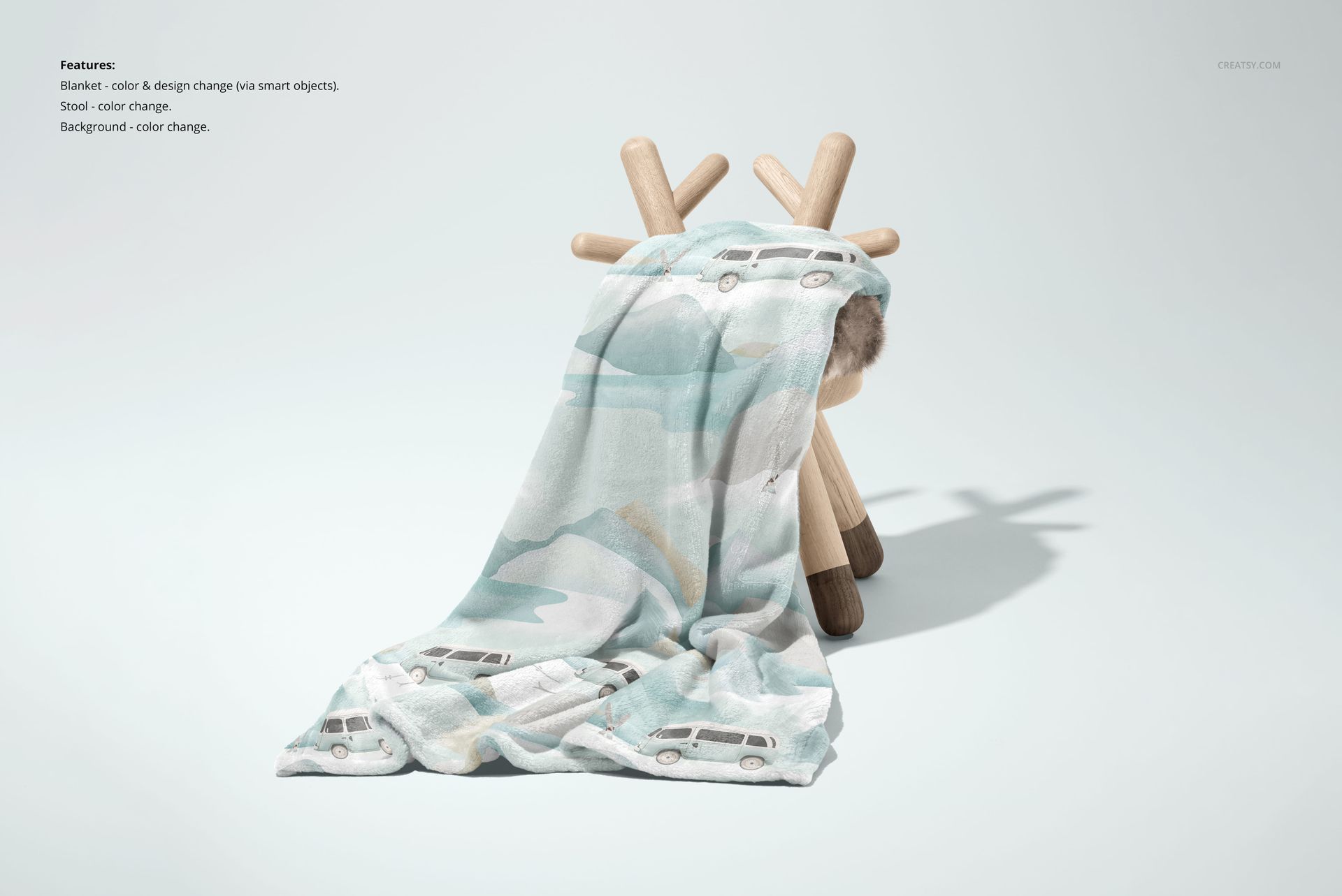 30x40 fleece blanket mockup featuring a light-colored car design, displayed on a wooden animal-shaped chair.