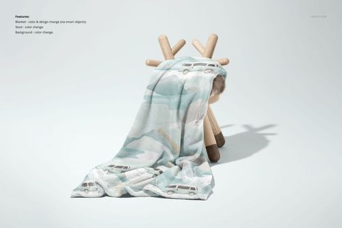 30x40 fleece blanket mockup featuring a light-colored car design, displayed on a wooden animal-shaped chair.