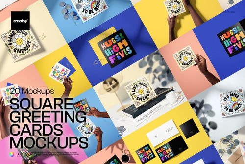 Square greeting cards mockup set displayed in a grid layout, featuring colorful backgrounds and various card designs.