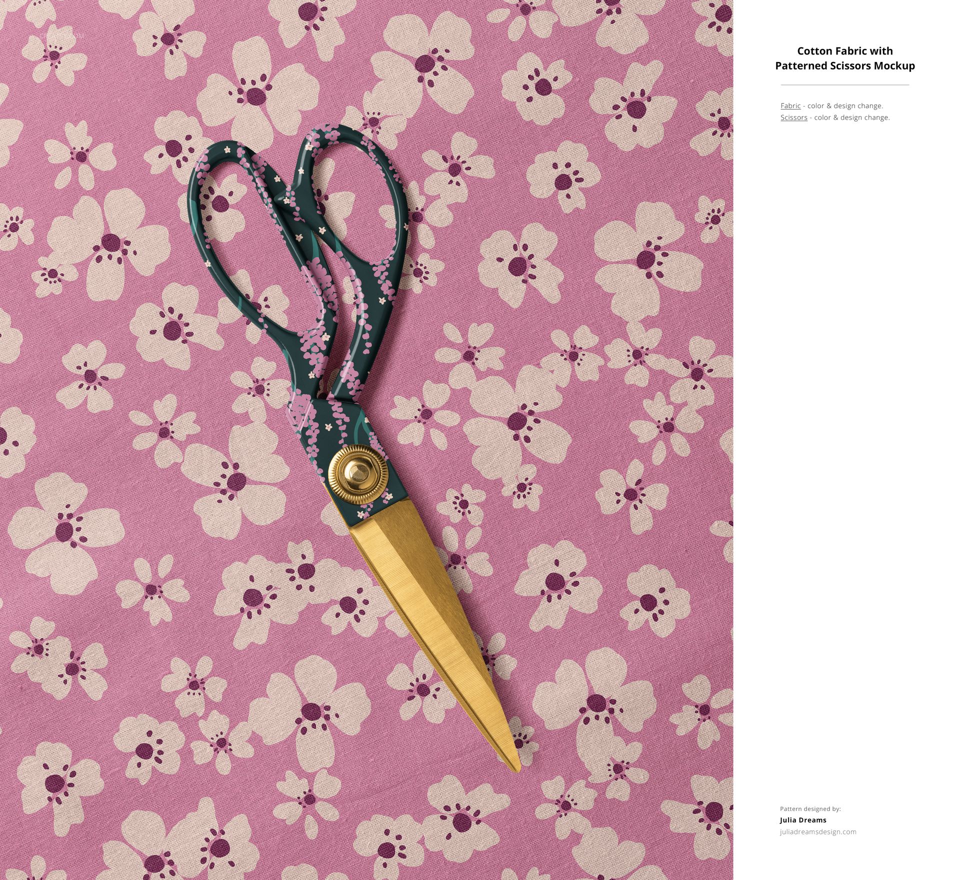 Cotton fabric mockup showing a floral print in pink and white, styled with scissors positioned on the material.