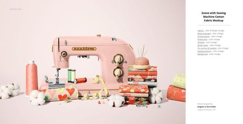 Cotton fabric mockup scene featuring a pink sewing machine, colorful folded textiles, sewing tools, and decorative props.
