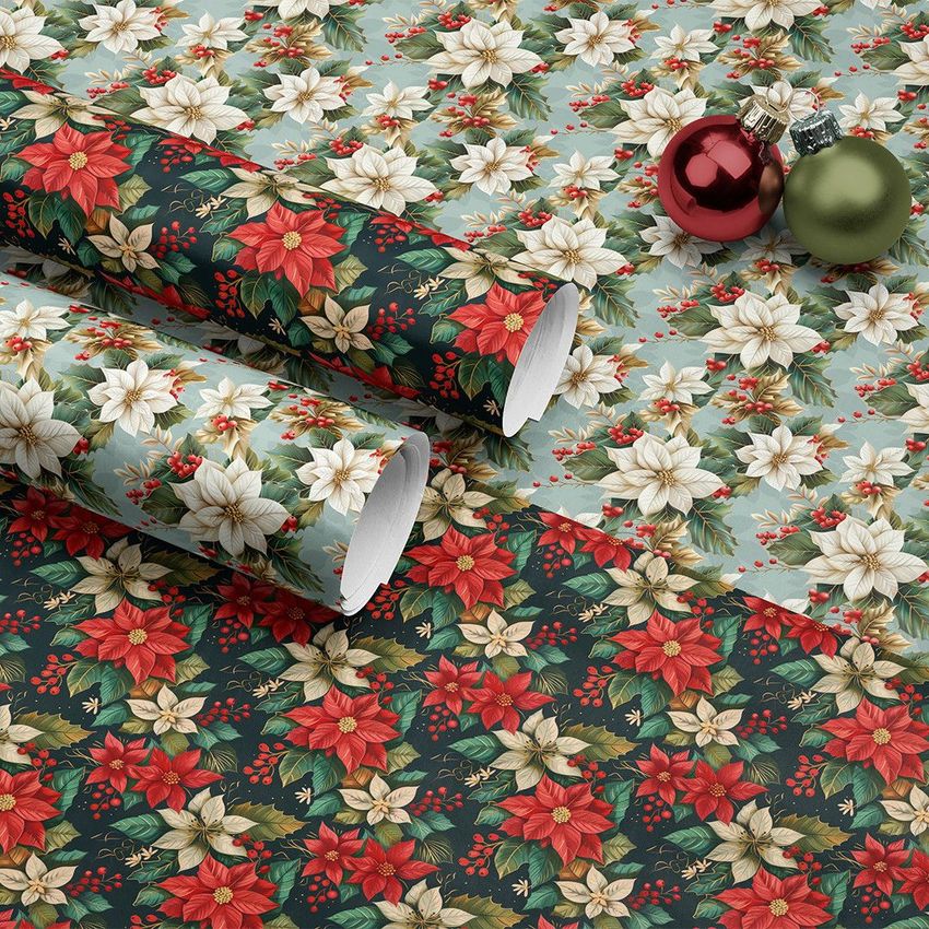 Wrapping paper rolls mockup featuring festive poinsettia patterns in red, white, and green with Christmas ornaments.