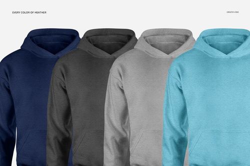 Men's hoodie PSD mockup set featuring four hoodies in different shades, displayed side by side against a white backdrop.