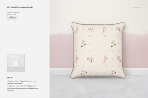 Front view of a piping cushion mockup featuring a cream base and scattered pink and beige motifs in a minimal room.