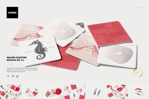 Top view of square coasters mockup set, showing a mix of red and white coasters with textured and graphic details.