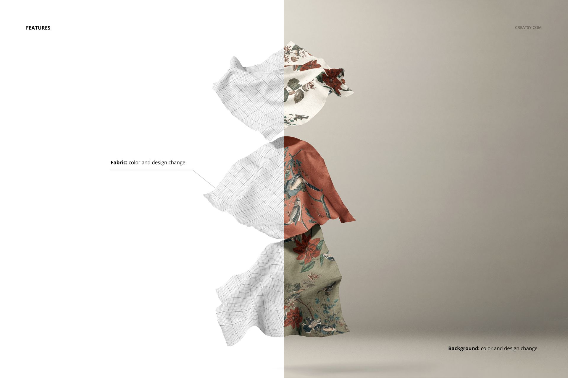 Floating fabric mockup showing three layers of fabric with different patterns and colors on a neutral background.