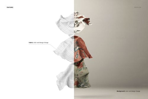 Floating fabric mockup showing three layers of fabric with different patterns and colors on a neutral background.