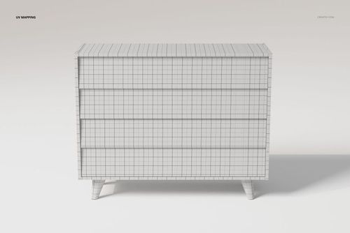 Front view of a mid-century modern dresser 3D model with four drawers, shown in a white grid texture on a plain background.
