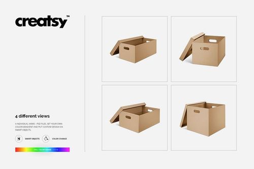Set of four moving box mockups in brown cardboard, shown from different angles on a white background.