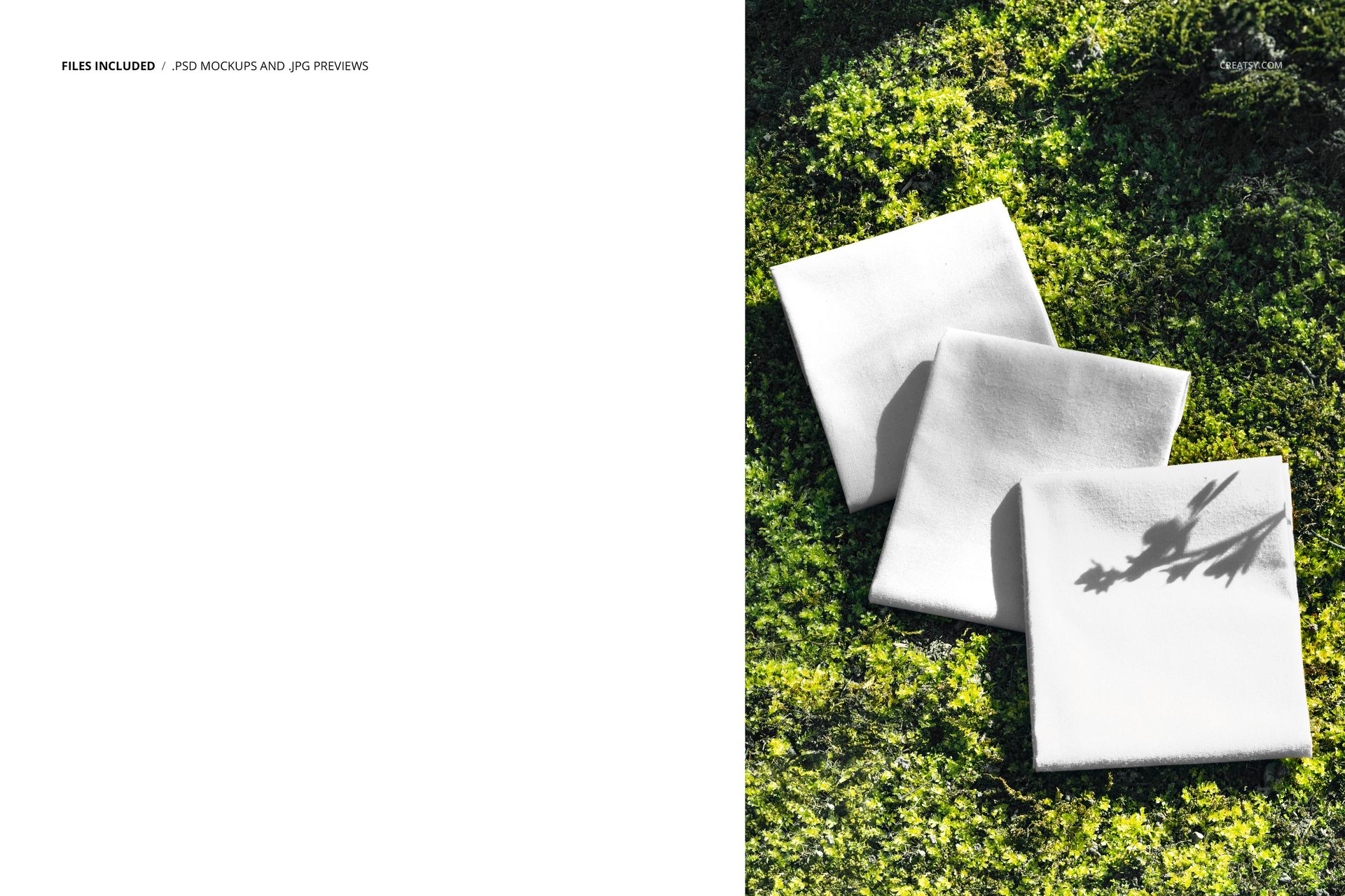 White fabric squares placed on vibrant moss, viewed from above, with sunlight casting shadows on the mockup scene.